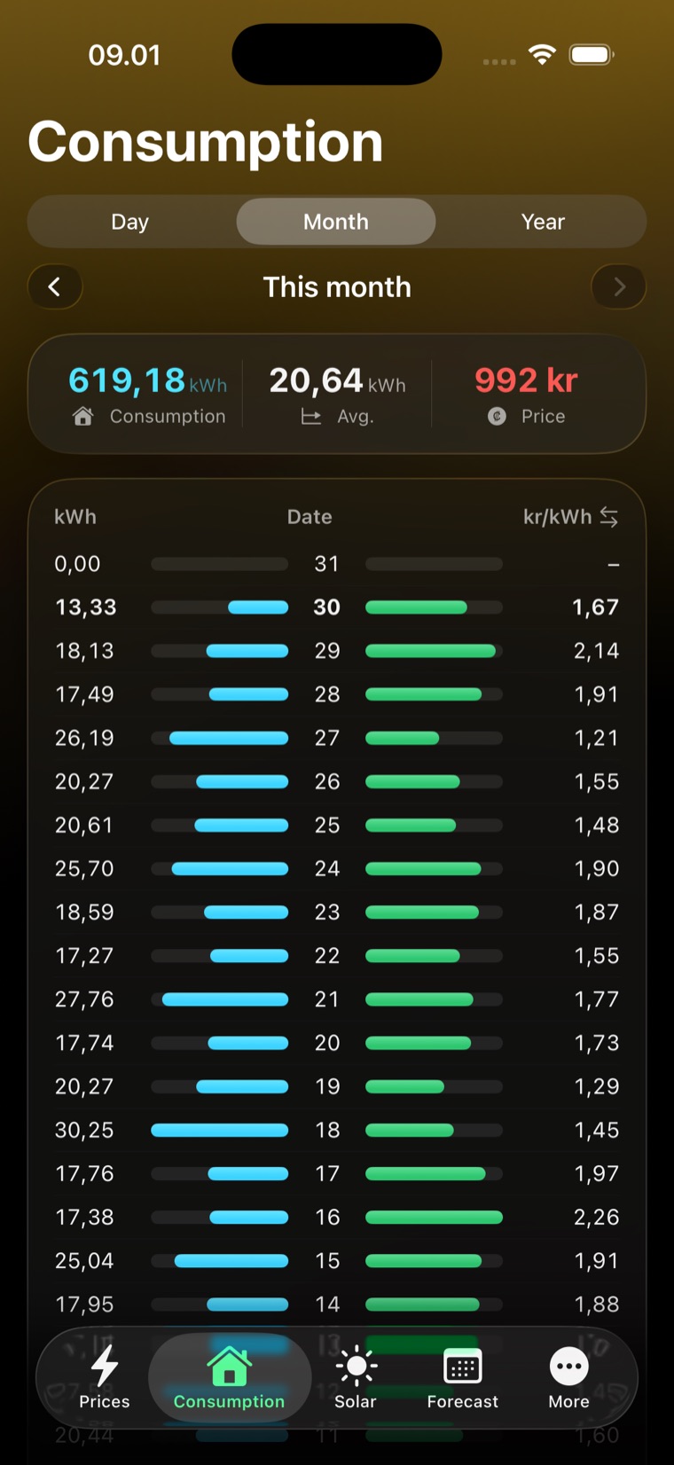 The consumption tab showing usage per day and what the day cost